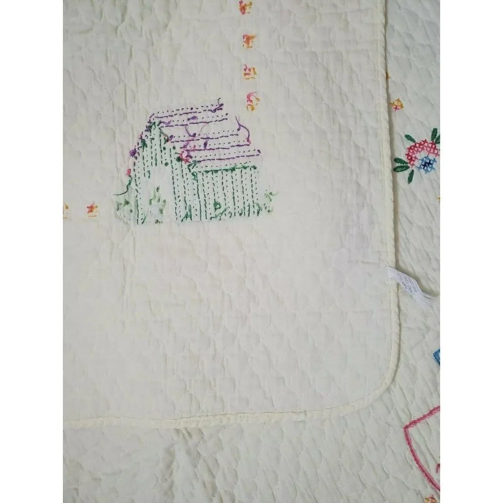 Vintage 70s Disney Needlecraft Crib Blanket Mickey Minnie Cross Stitch Yellow